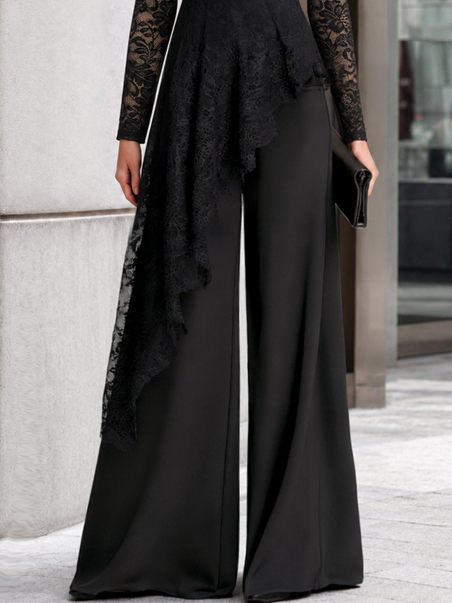 Zafren zwarte jumpsuit met kanten overlay en wijde pijpen