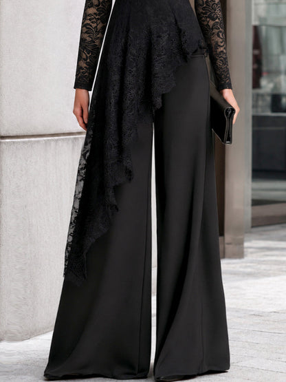 Zafren zwarte jumpsuit met kanten overlay en wijde pijpen