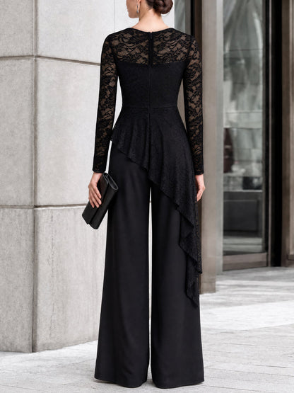 Zafren zwarte jumpsuit met kanten overlay en wijde pijpen