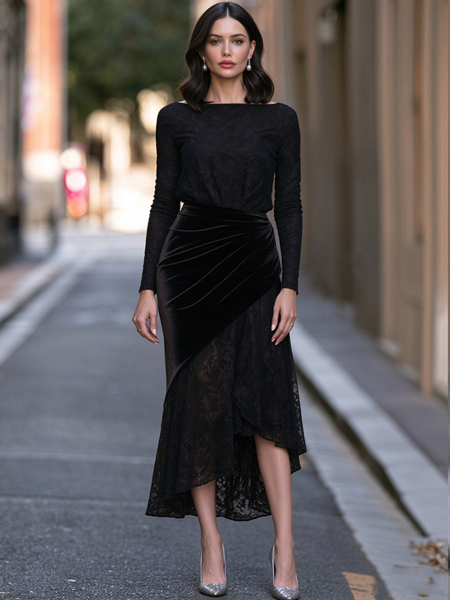 Abito midi Zafren nero in pizzo con sovrapposizione di velluto