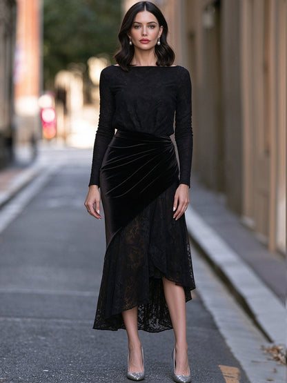 Abito midi Zafren nero in pizzo con sovrapposizione di velluto