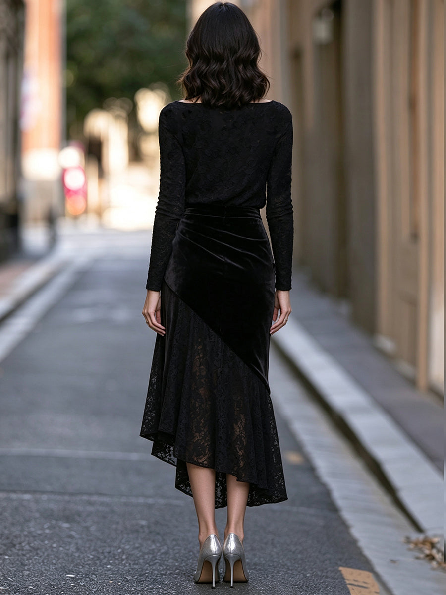 Abito midi Zafren nero in pizzo con sovrapposizione di velluto