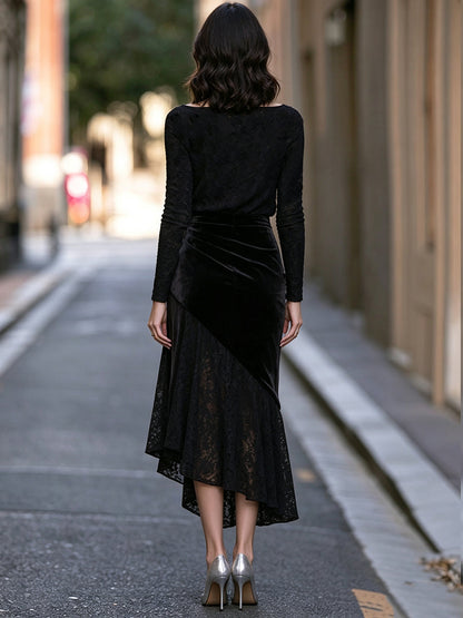 Abito midi Zafren nero in pizzo con sovrapposizione di velluto