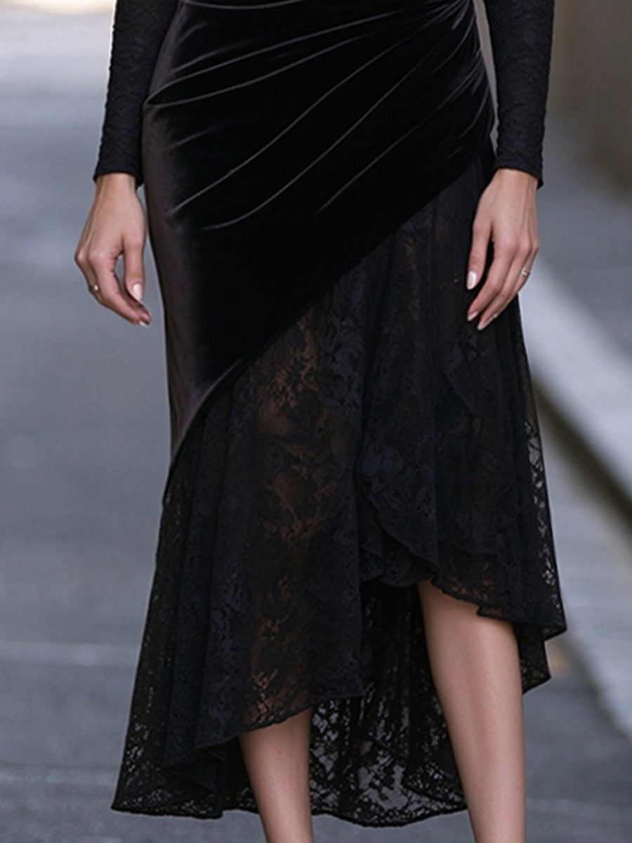 Abito midi Zafren nero in pizzo con sovrapposizione di velluto