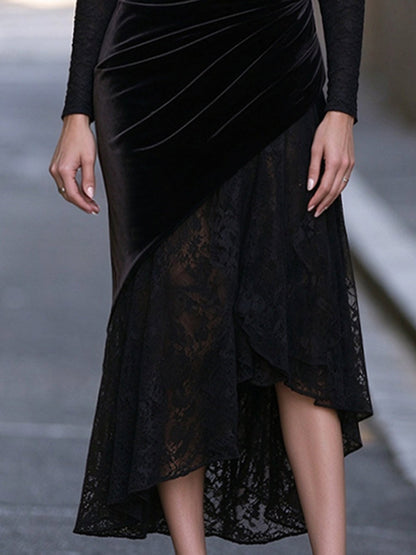 Abito midi Zafren nero in pizzo con sovrapposizione di velluto