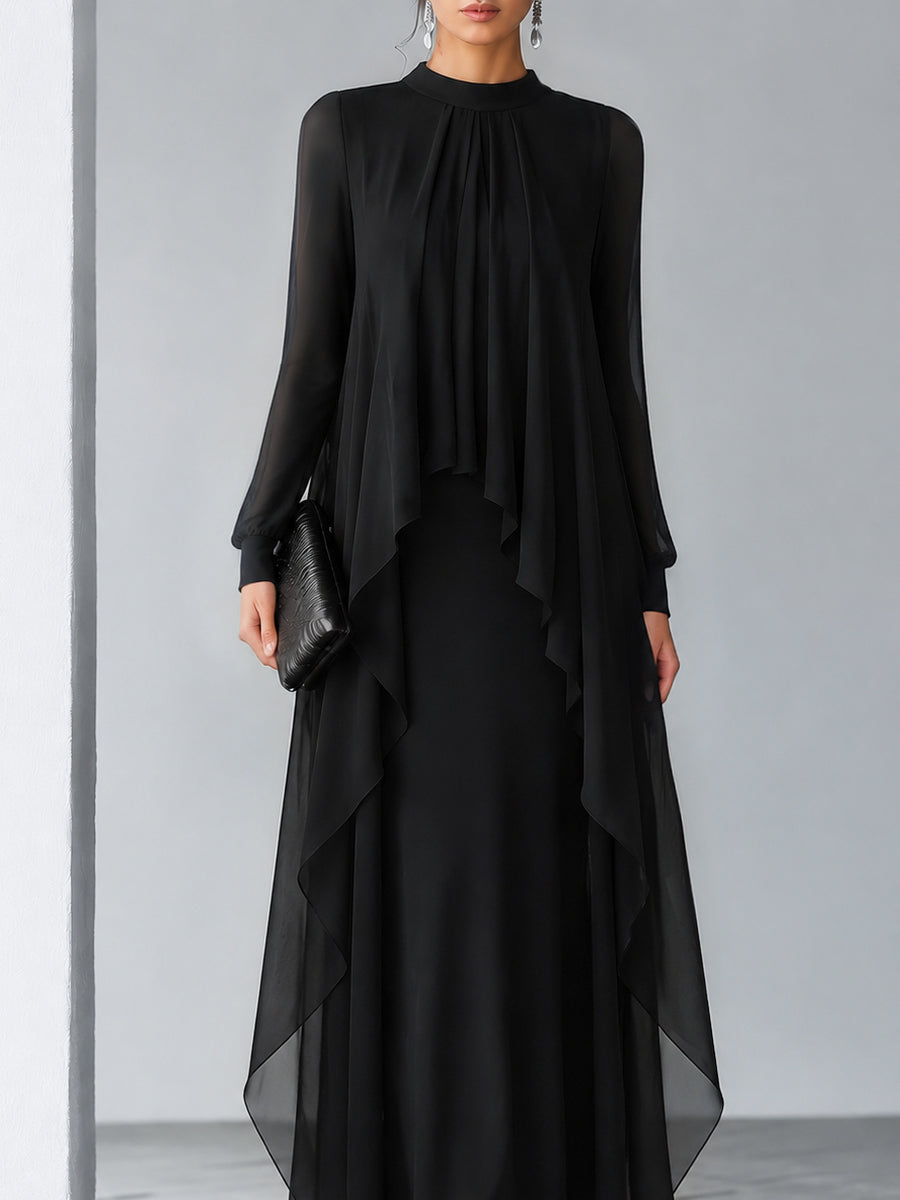 Zafren Maxikleid aus schwarzem Lagen-Chiffon