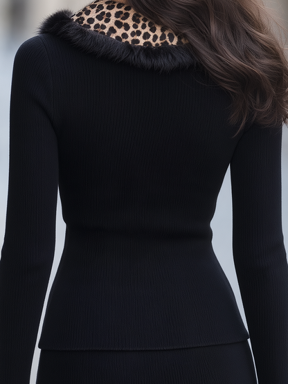 Zafren pletena jopica s črnim leopardjim ovratnikom
