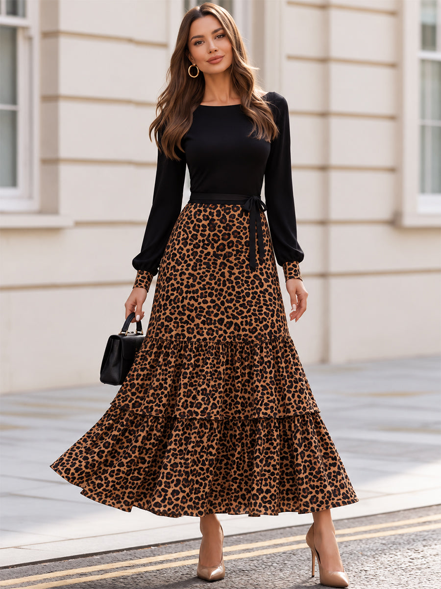 Vestido maxi preto com padrão de leopardo e saia em camadas Zafren