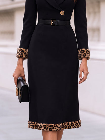 Vestido blazer midi Zafren preto com acabamento de leopardo