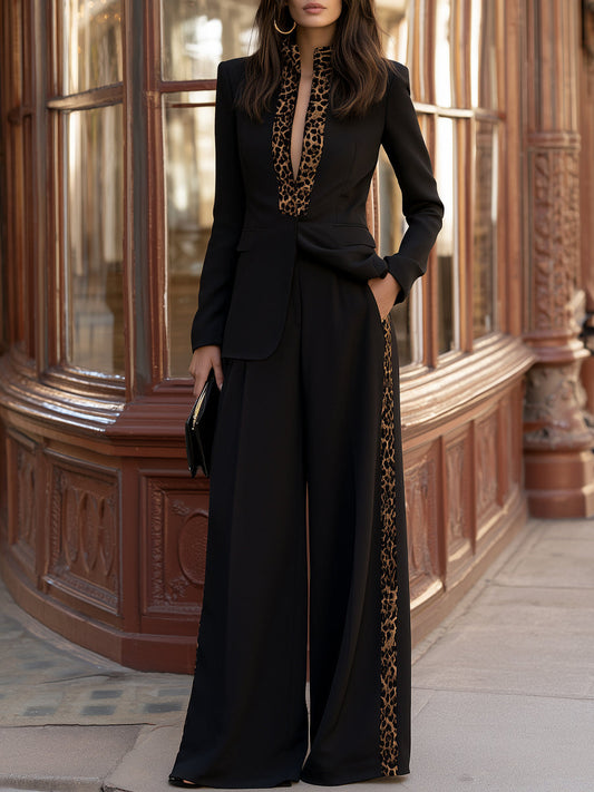 Traje de pantalón negro Zafren con ribete de leopardo