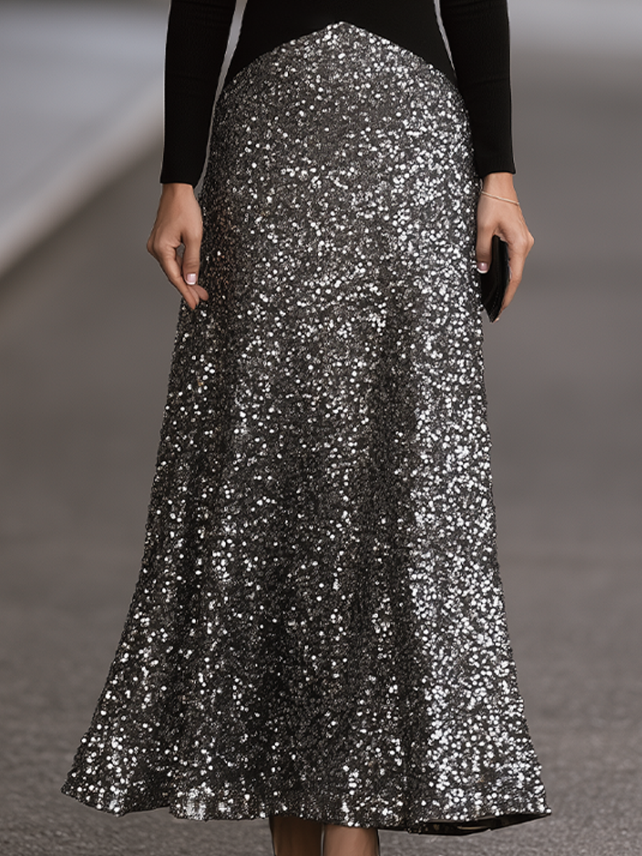 Zafren Black Mock-Neck Sequin Maxi Dress