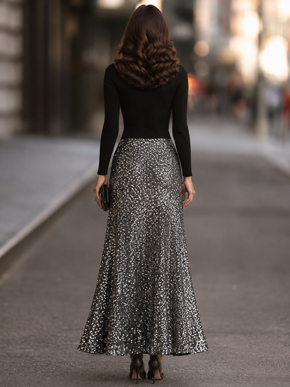 Zafren Black Mock-Neck Sequin Maxi Dress