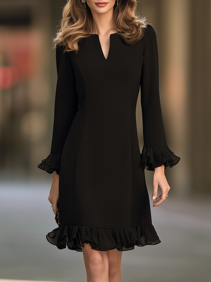 Zafren Black Notch Neck Ruffle Dress