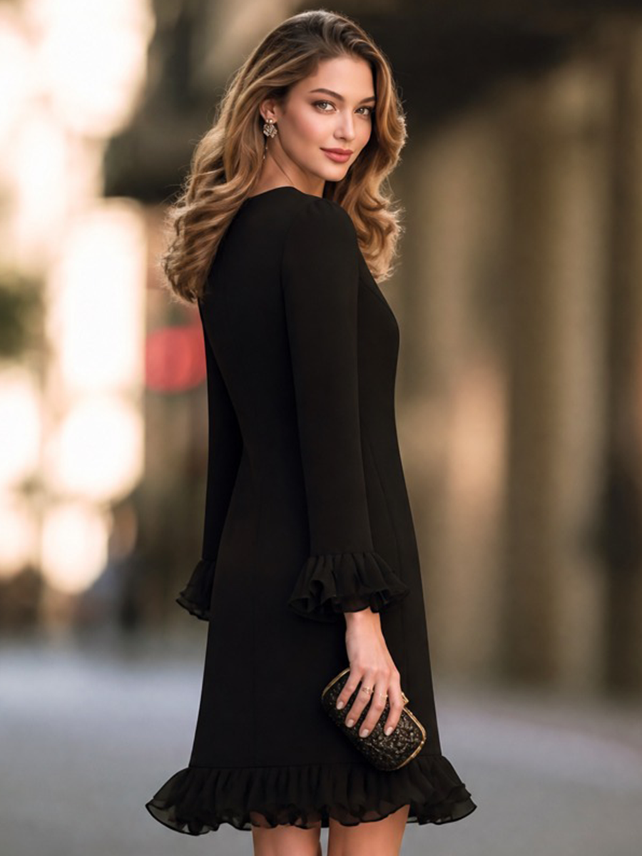 Zafren Black Notch Neck Ruffle Dress