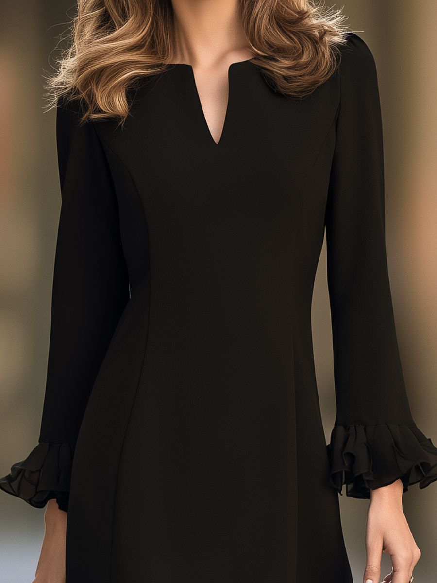 Zafren Black Notch Neck Ruffle Dress