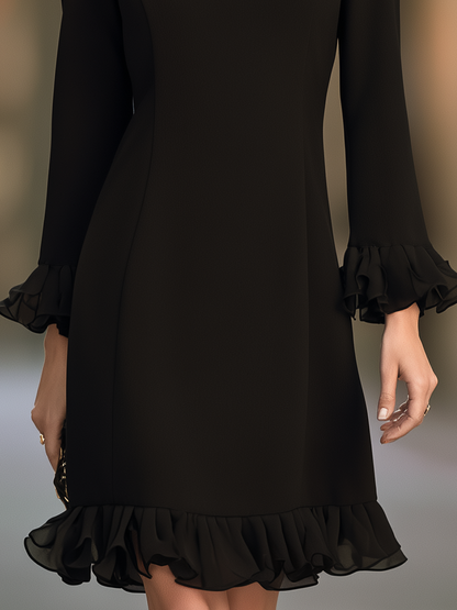 Zafren Black Notch Neck Ruffle Dress