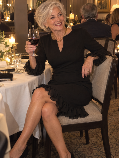 Zafren Black Notch Neck Ruffle Dress