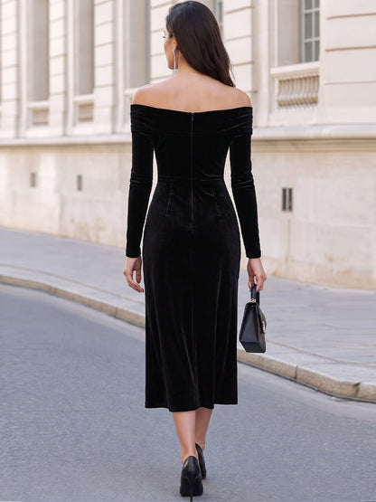 Zafren Schwarzes Samt-Wickelkleid mit schulterfreiem Ausschnitt