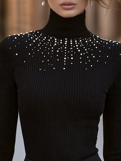 Maglione nero Zafren a collo alto con perle