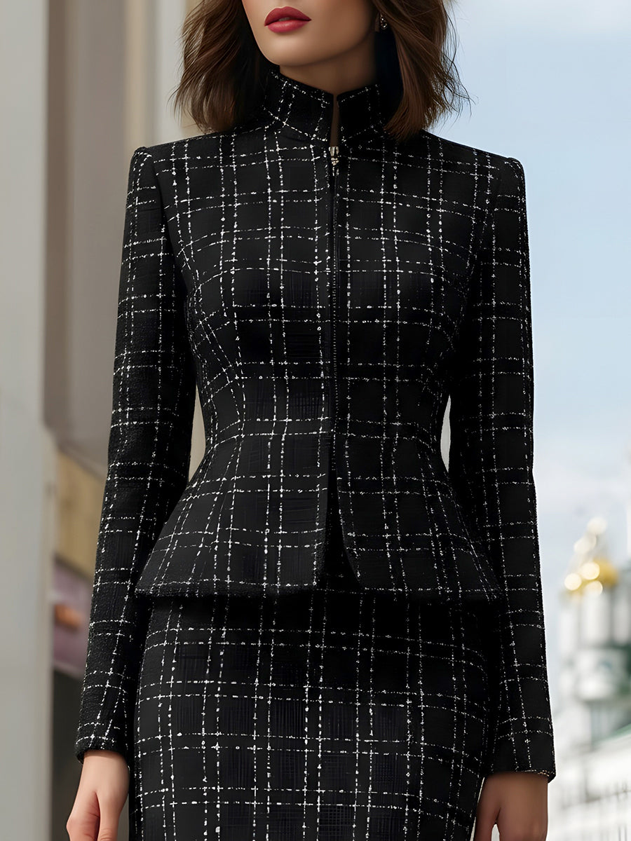 Conjunto Zafren preto de saia com padrão axadrezado e peplum