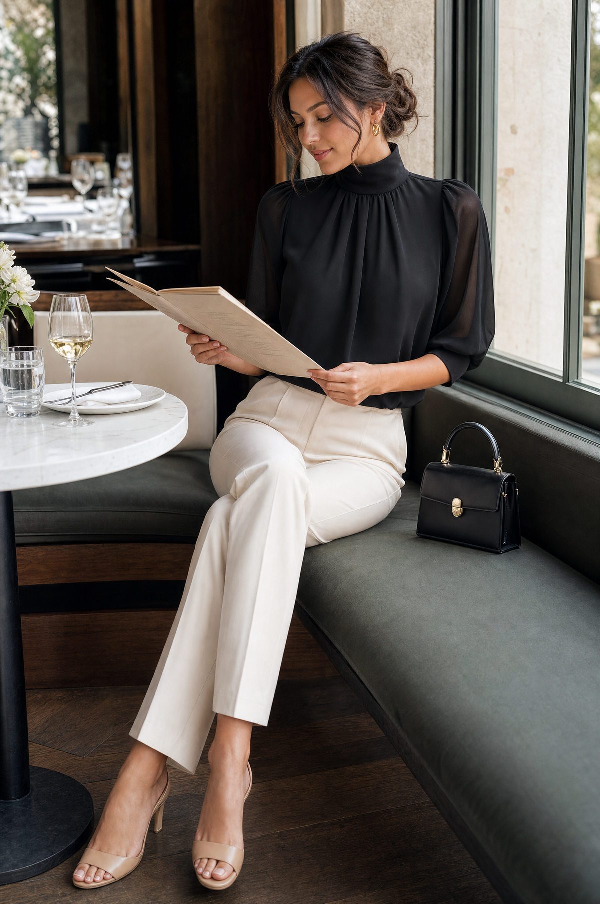 Zafren zwarte chiffonblouse met pofmouwen