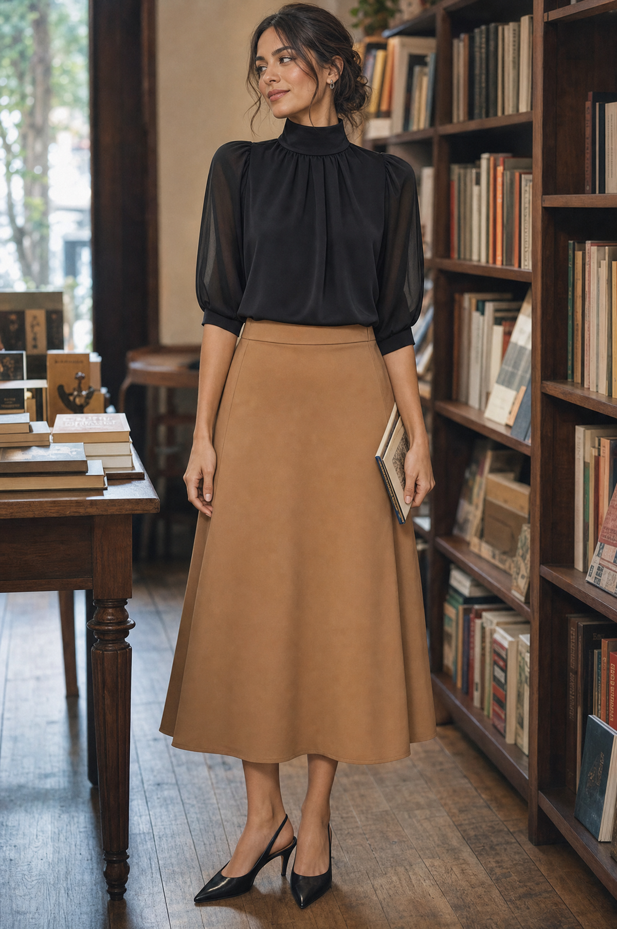 Zafren zwarte chiffonblouse met pofmouwen