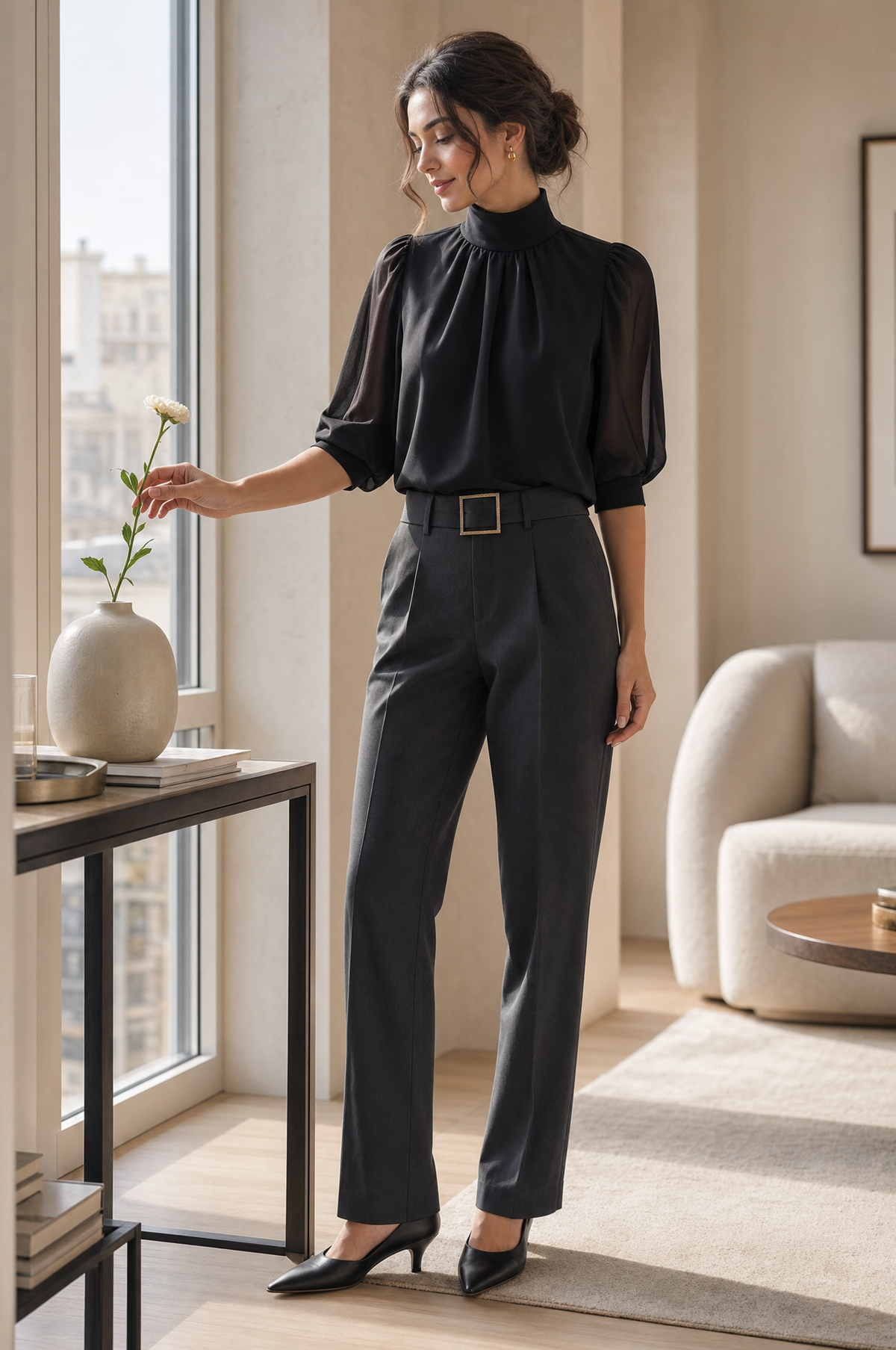 Zafren zwarte chiffonblouse met pofmouwen