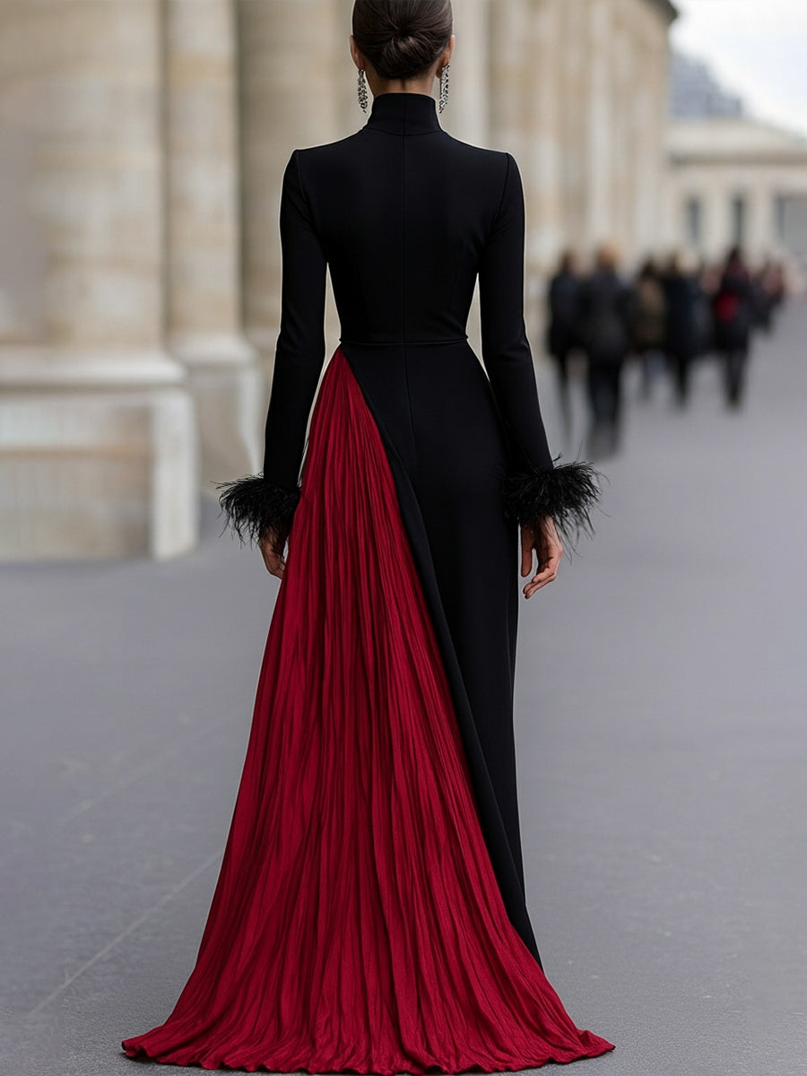 Zafren Black Red Pleated Feather Gown