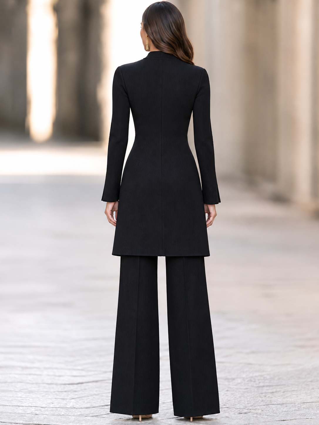 Zafren Black Ribbed Asymmetric Jacket Set