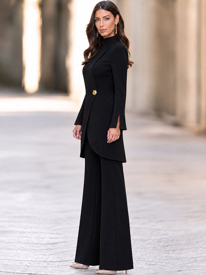 Zafren Black Ribbed Asymmetric Jacket Set
