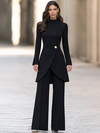 Zafren Black Ribbed Asymmetric Jacket Set