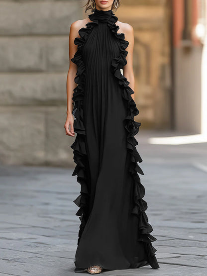 Zafren svart chiffongklänning med volanger och halterneck