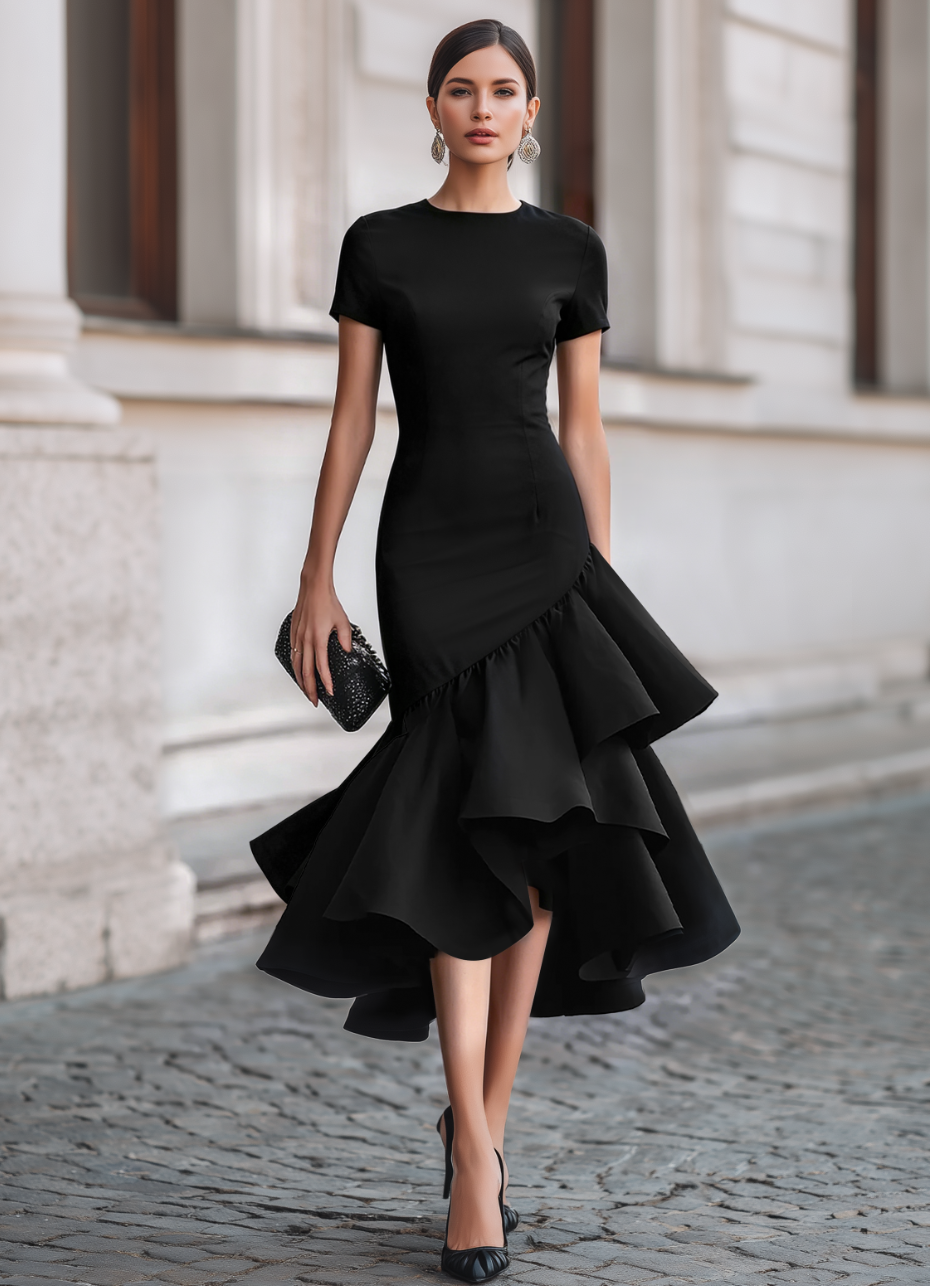 Vestido midi preto com bainha com folhos Zafren