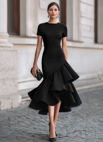 Vestido midi preto com bainha com folhos Zafren