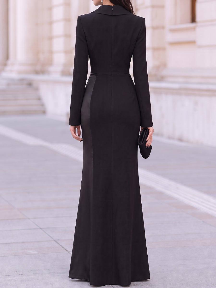 Robe de soirée Zafren noire en satin à revers, coupe sirène