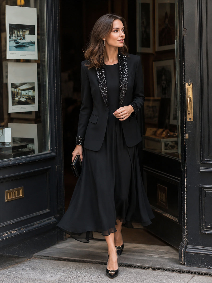 Zafren Black Sequin Lapel Blazer