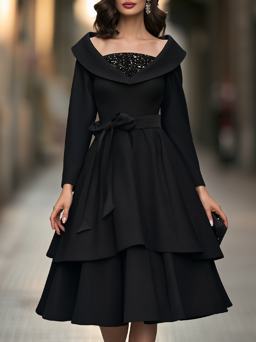 Zafren Black Shawl Collar Tiered Dress