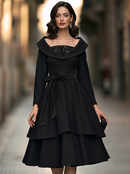 Zafren Black Shawl Collar Tiered Dress
