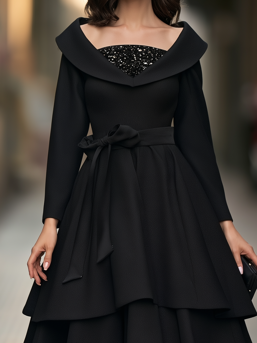 Zafren Black Shawl Collar Tiered Dress