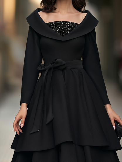 Zafren Black Shawl Collar Tiered Dress