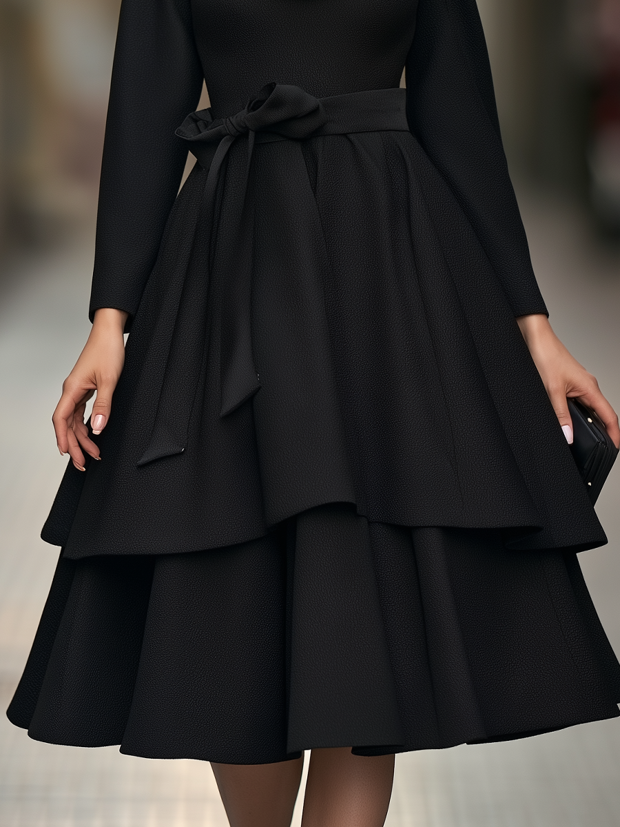 Zafren Black Shawl Collar Tiered Dress