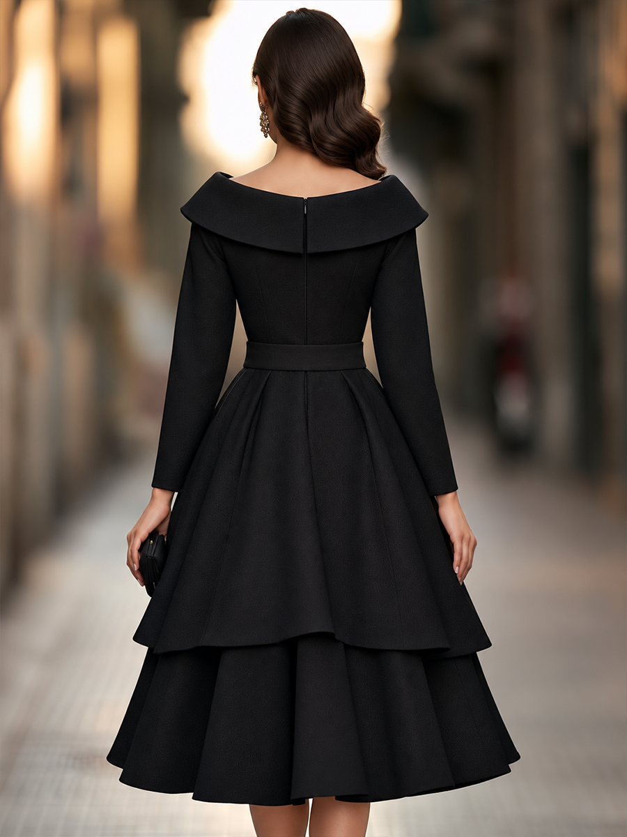 Zafren Black Shawl Collar Tiered Dress