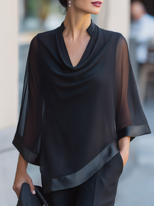 Zafren schwarze transparente Bluse mit Wasserfallausschnitt