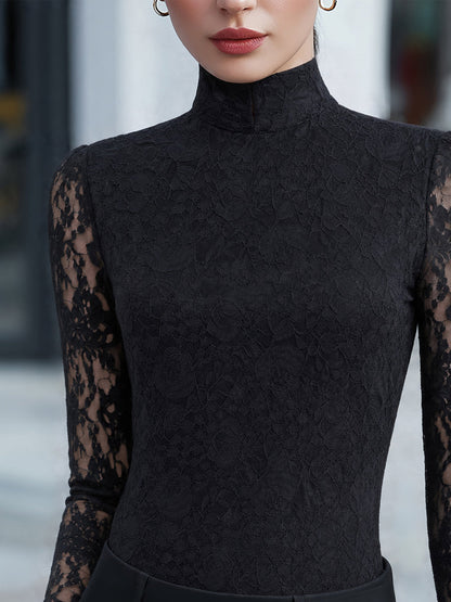 Blusa preta com mangas de renda transparente Zafren