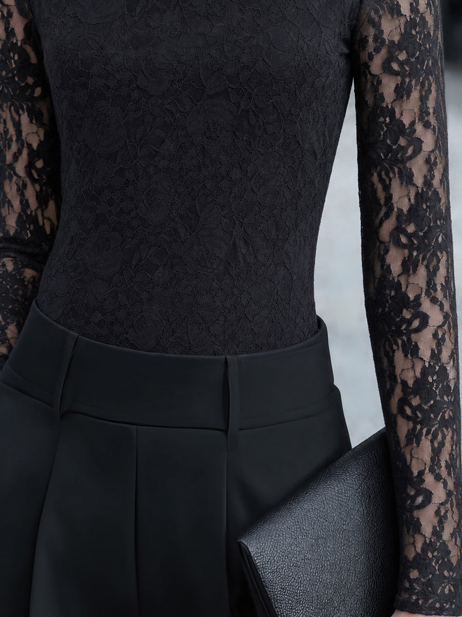 Blusa preta com mangas de renda transparente Zafren