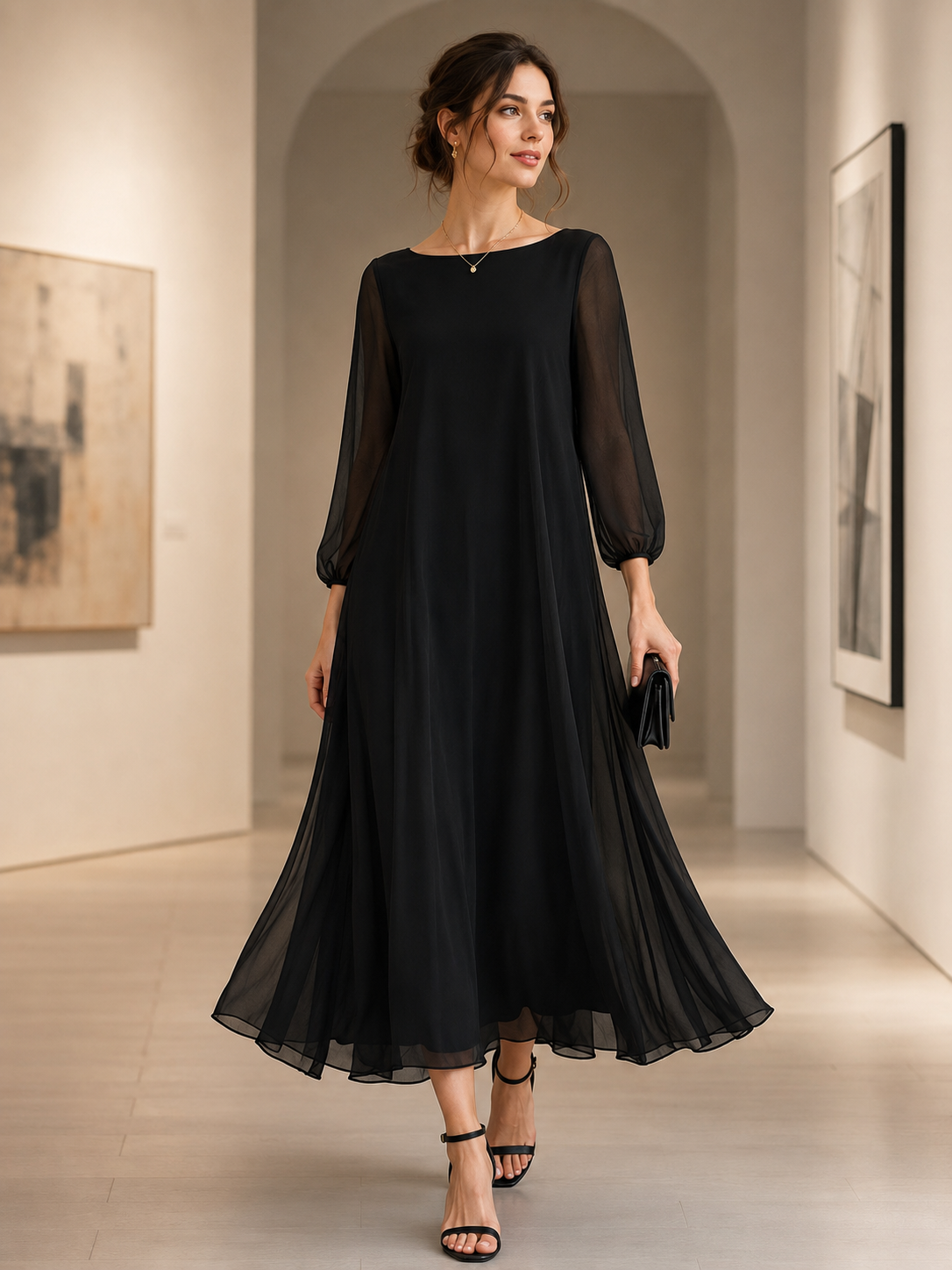 Abito maxi Zafren nero con maniche velate