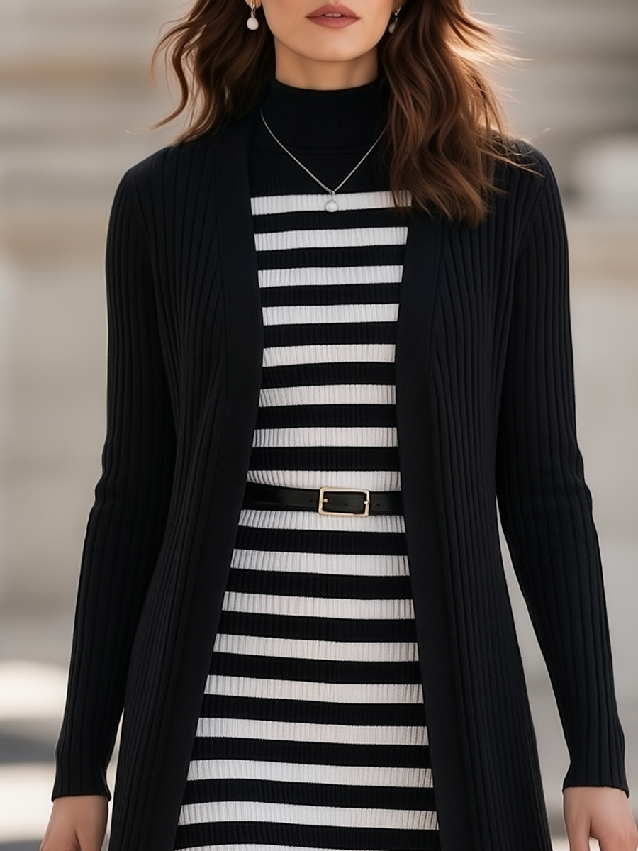 Zafren Black Striped Dress Cardigan Set