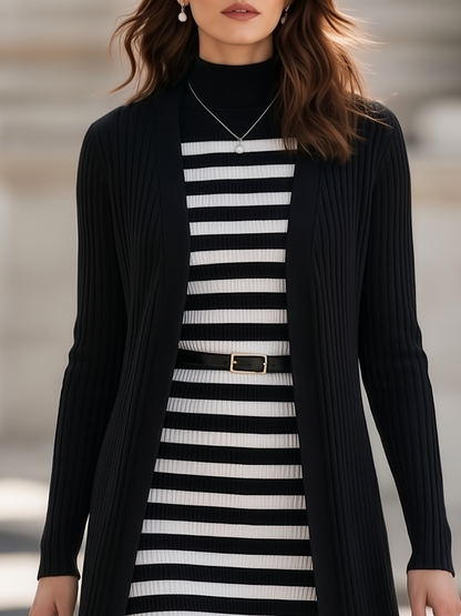 Zafren Black Striped Dress Cardigan Set