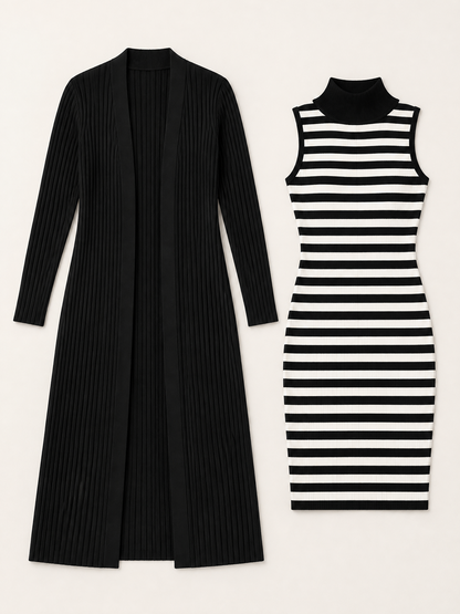 Zafren Black Striped Dress Cardigan Set