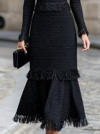 Zafren Schwarzes Tweed-Midi-Kleid mit Fransen